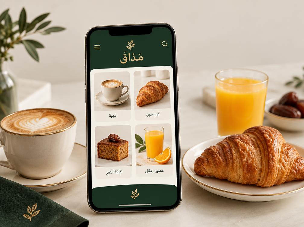تصوّر لمنيو مذاق على هاتف مع قهوة ومخبوزات وعصير