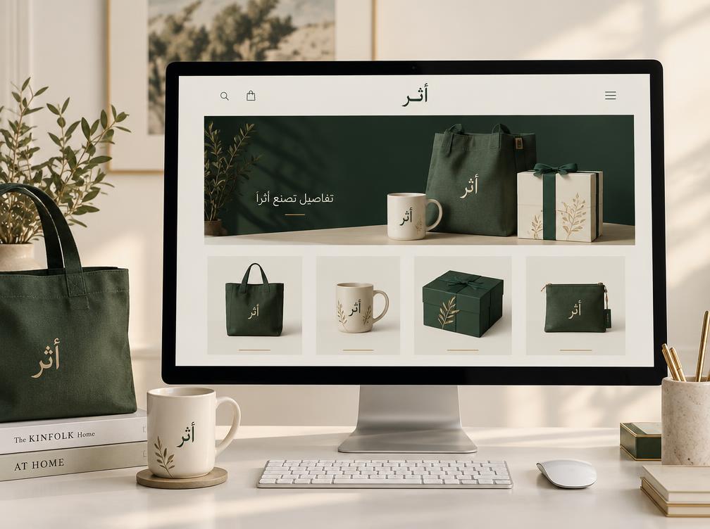 تصوّر لمتجر أثر الإلكتروني على شاشة مع أكياس وأكواب وعلب